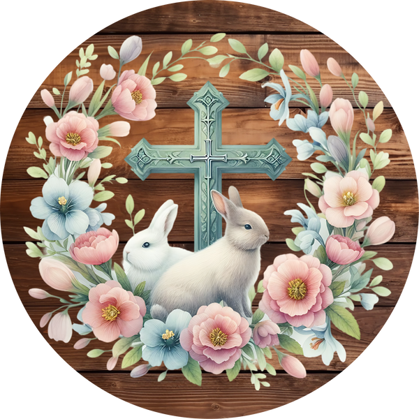 Easter Metal Sign: Bunny Rabbit with Jesus cross - Made In USA