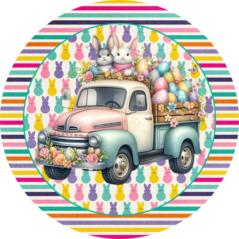 Easter Metal Sign: Truck Bunny Rabbit with Eggs - Made In USA