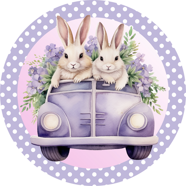 Easter Metal Sign: Bunny Rabbit in Car - Made In USA
