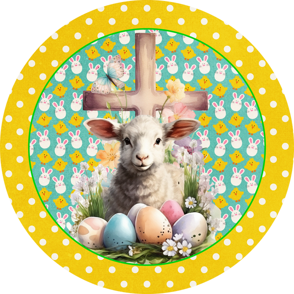 Easter Metal Sign: Sheep with Eggs & Jesus cross - Made In USA
