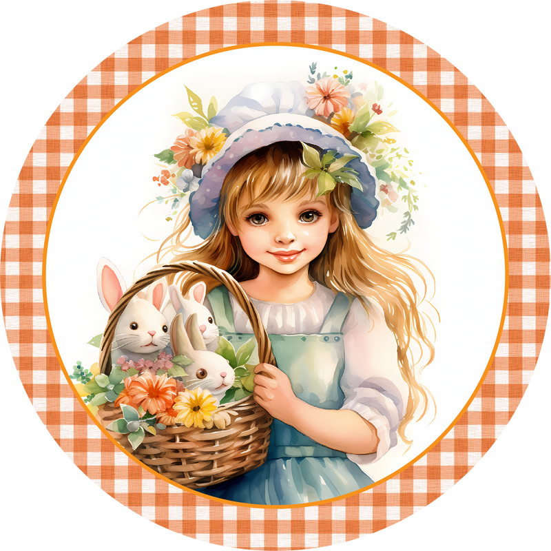 Easter Metal Sign: Bunny Rabbit with Cute Girl - Made In USA