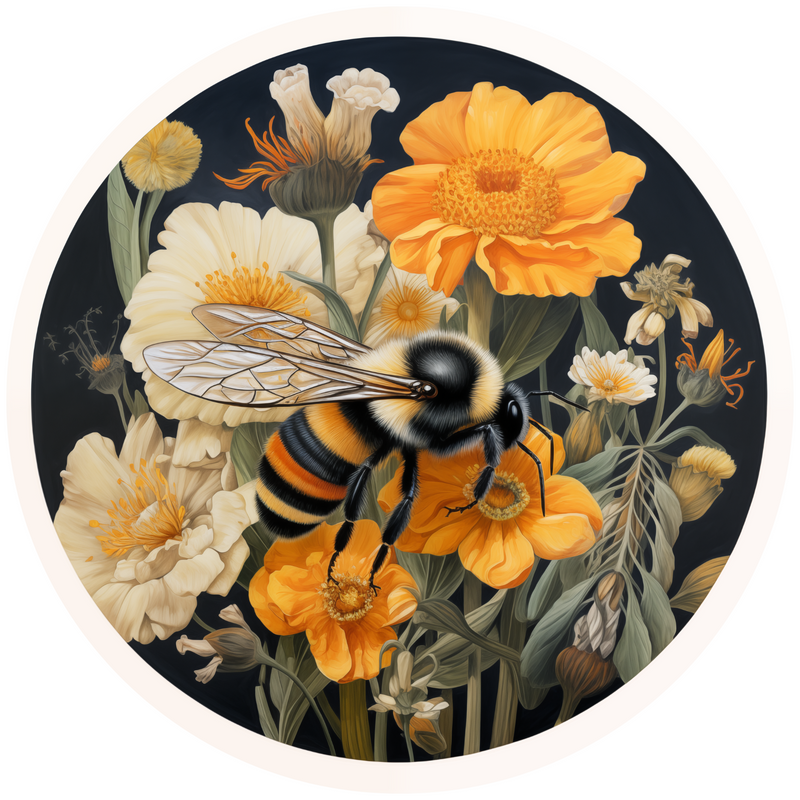 Honey Bee with Flowers Metal Sign: Made In USA
