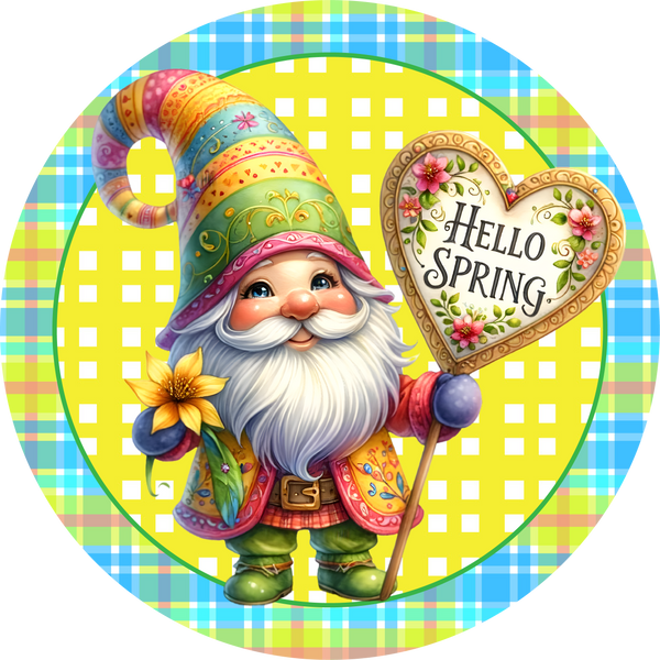 Hello Spring Gnome Metal Sign - Made In USA
