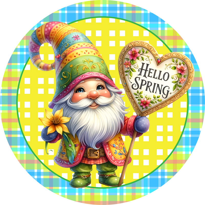 Hello Spring Gnome Metal Sign - Made In USA