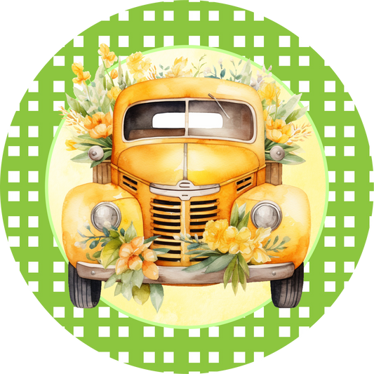 Spring Yellow Truck with Flowers Metal / Vinyl Sign - Made in USA
