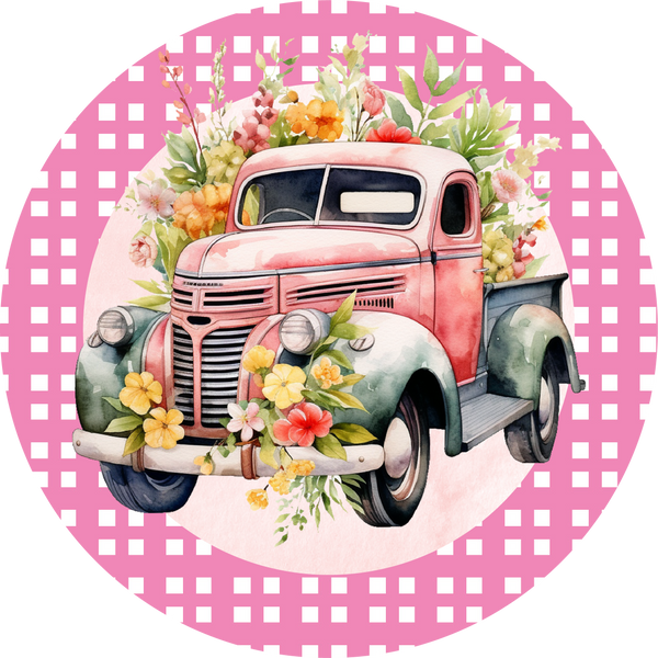 Spring Pink Truck with Flowers Metal Sign - Made In USA