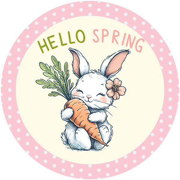 Hello Spring Rabbit with Carrot Metal Sign: Made In USA