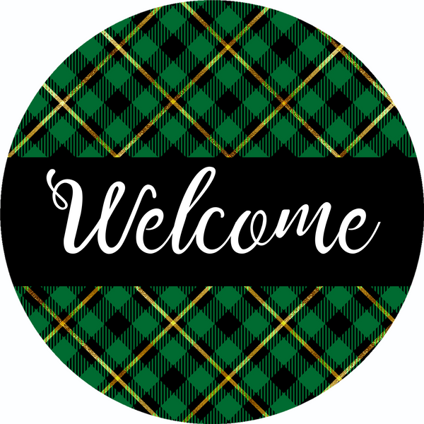 Green Checked Welcome Metal Sign: Made In USA