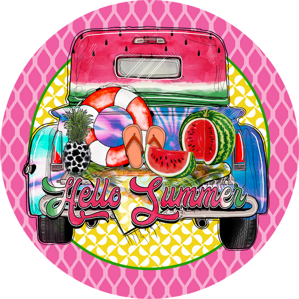 Hello Summer Truck with Fruits Metal Sign: Made In USA