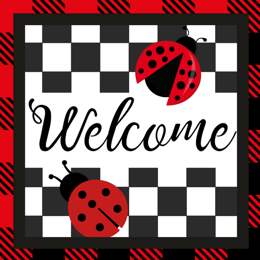 Welcome Ladybug Plaid Metal Sign - Made in USA