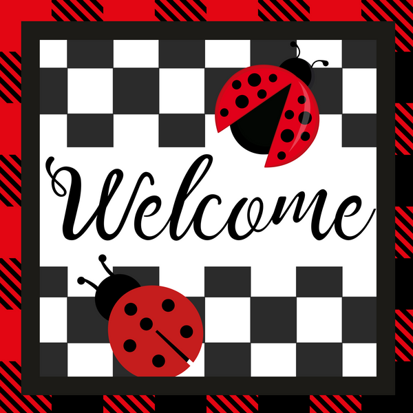 Welcome - Ladybug Plaid Metal Sign: Made In USA