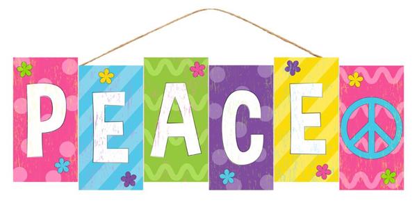 14 Inch L x 4.75 Inch H - Peace Brights Block Sign - Pink Blue Lime Yel Purp White