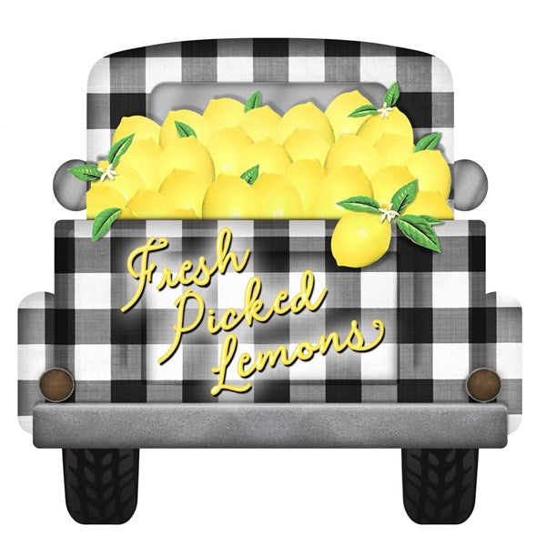 12 Inch L x 11.5 Inch H - Fresh Picked Lemons Truck Sign - Yellow Black White