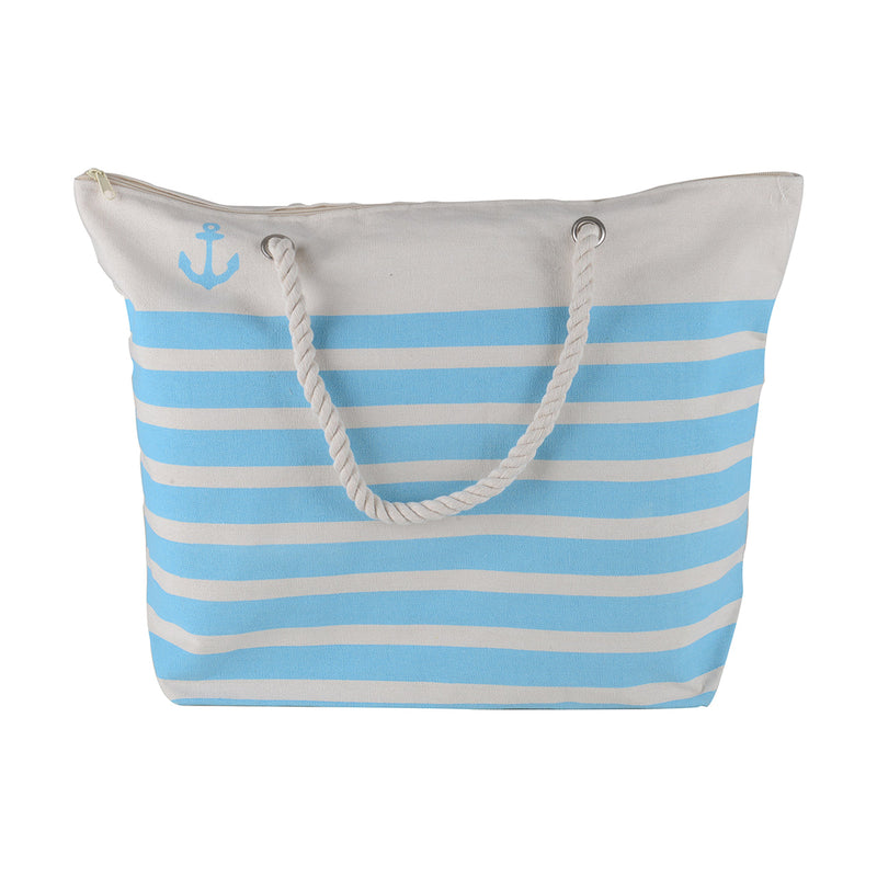 Canvas Beach Tote Bag - Baby Blue Striped - 21 Inch x 15 Inch - Women Swim Pool Bag Large Tote