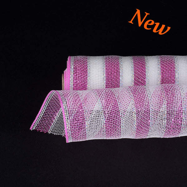 Fuchsia with Silver Lines - Poly Deco Mesh Wreath Material with Laser Mono Stripe - 21 Inch x 10 Yards