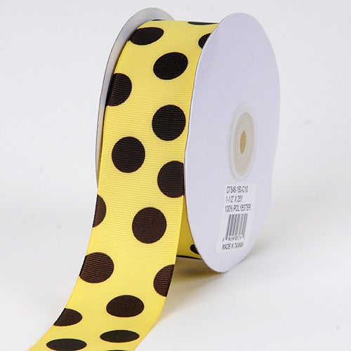 Grosgrain Ribbon Jumbo Dots Canary with Brown Dots W: 1-1/2 inch | L: 25 Yards