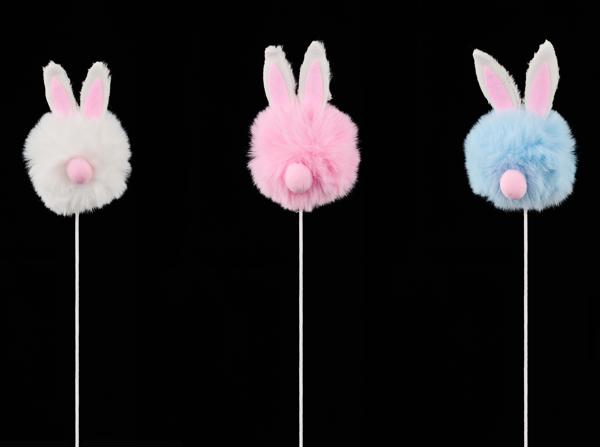 White Pink Light Blue - Faux Fur Rabbit Head Pick 3Asst - 14 Inch L