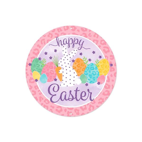 8 Inch Dia - Glitter Leopard Happy Easter Sign - Pink White Lavenderndr Blue Mint