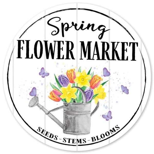 12 Inch Dia - Metal Spring Flower Market Sign - White Yellow Purple Green Grey Black