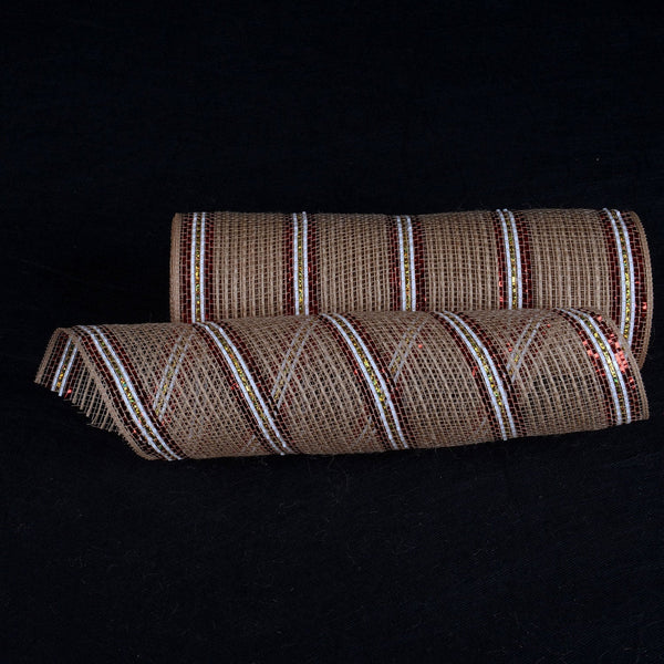 Natural Burlap Deco Mesh With White Red Gold Metallic Stripes - 10 Inch x 10 Yards