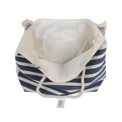Navy striped Canvas Beach Tote Bag - 19 Inch x 15 Inch - Women Swim Pool Bag Large Tote