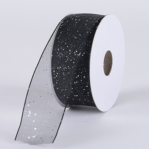 Organza Ribbon with Glitters Wired Edge Black with Silver Glitters W: 5/8 inch | L: 25 Yards