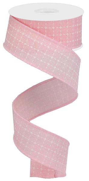 Pale Pink White - Raised Stitched Squares Royal Ribbon - 1-1/2 Inch x 10 Yards