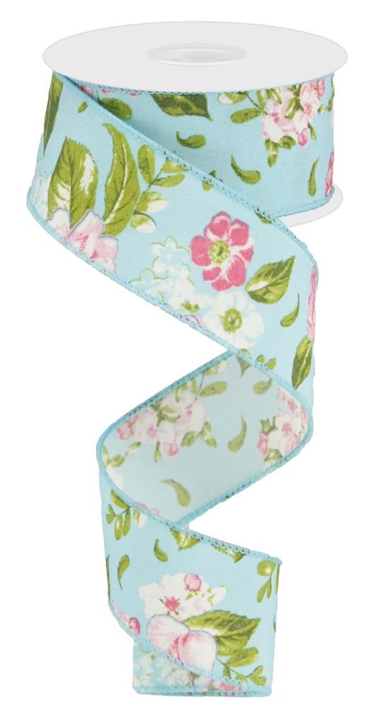 Rose Green Blue - Floral Ribbon - 1-1/2 Inch x 10 Yards