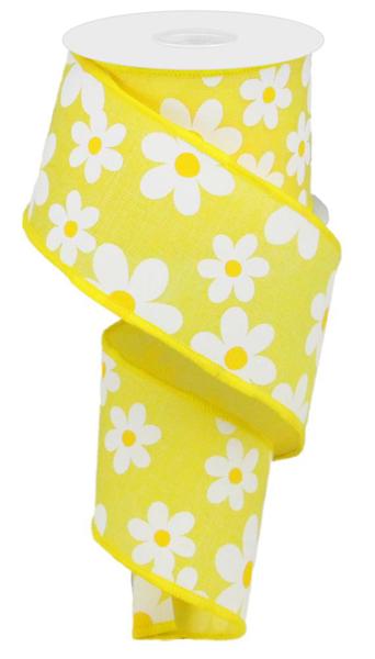 Yellow White Yellow - Flower Daisy Print On Royal Ribbon - 2-1/2 Inch x 10 Yards