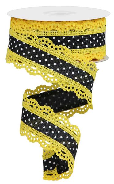 Black Yellow - Raised Swiss Dots W/Lace Ribbon - 1-1/2 Inch x 10 Yards