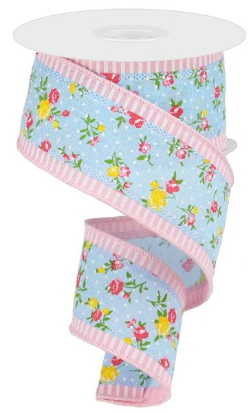 Pale Blue Pale Pink White - 3-In-1 Vintage Floral/Stripe Ribbon - 2-1/2 Inch x 10 Yards
