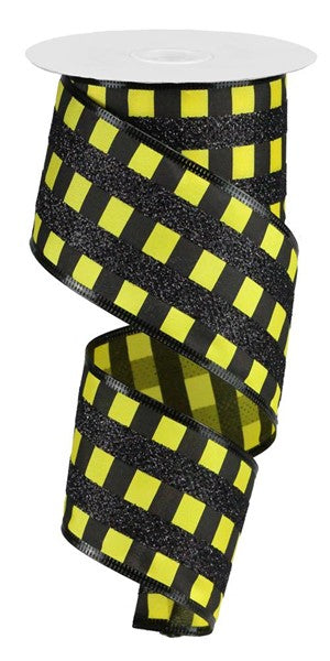 Yellow Black - Glitter Stripes On Satin Ribbon - 2-1/2 Inch x 10 Yards