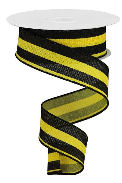 Sun Yellow Black - Vertical Stripe On Cross Royal Ribbon - 1-1/2 Inch x 10 Yards
