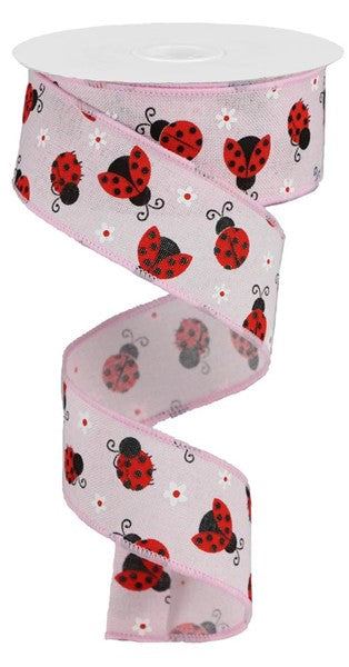 Powder Pink Red White - Mini Ladybugs On Royal Ribbon - 1-1/2 Inch x 10 Yards