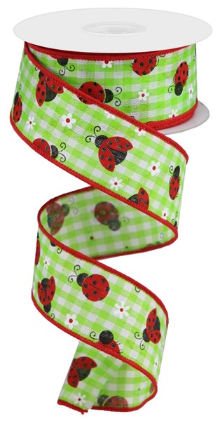 Light Green White Red - Mini Ladybugs/Check Ribbon - 1-1/2 Inch x 10 Yards