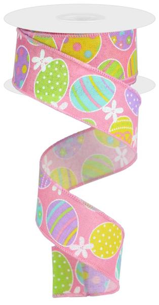 Light Pink Soft Yellow Green Lav - Easter Eggs On Royal Ribbon - 1-1/2 Inch x 10 Yards