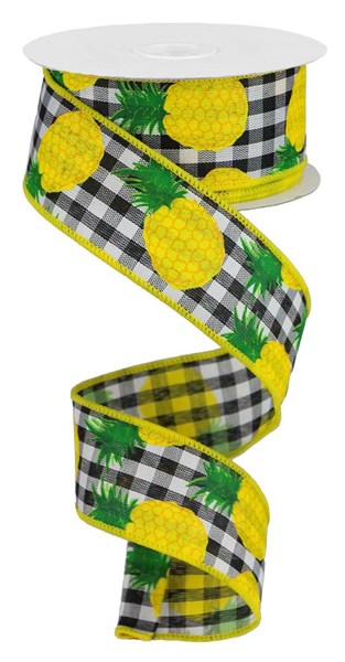 Pre-Order Now Ship On Jun 14th 2024 - Black White Yellow - Pineapples On Check Ribbon - 1-1/2 Inch x 10 Yards