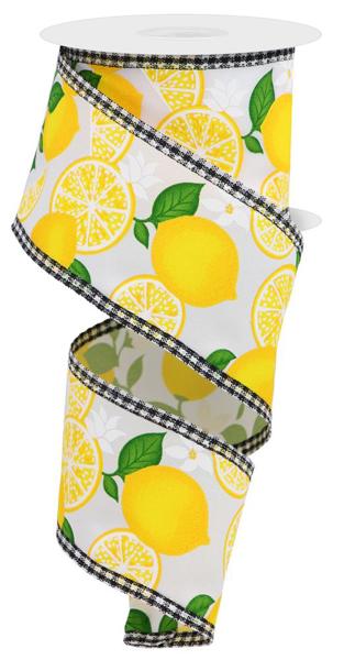 White Yellow Green - Lemon W/Leaves/Gingham Ribbon - 2-1/2 Inch x 10 Yards