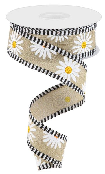 Light Beige White Yellow Orange - Daisy On Royal/Stripe Ribbon - 1-1/2 Inch x 10 Yards
