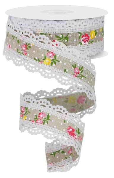 Light Natural Multi - Vintage Floral/Lace Ribbon - 1-1/2 Inch x 10 Yards