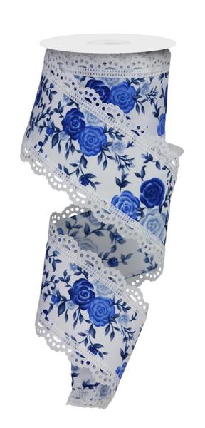 White Multi Blue - Mini Roses/Lace Ribbon - 2-1/2 Inch x 10 Yards