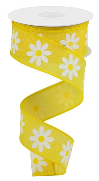 Sun Yellow White Yellow - Daisy On Royal Ribbon - 1-1/2 Inch x 10 Yards