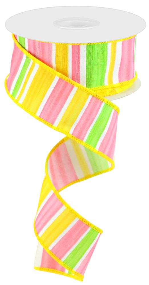 Pre-Order Now Ship On May 30th 2024 - White Green Pink Yellow - Multi Width Horizontal Stripe Ribbon - 1-1/2 Inch x 10 Yards