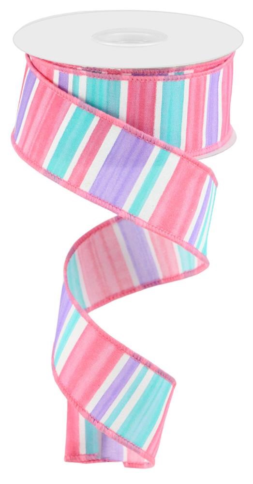 Pre-Order Now Ship On May 30th 2024 - White Lavender Pink Turquoise - Multi Width Horizontal Stripe Ribbon - 1-1/2 Inch x 10 Yards