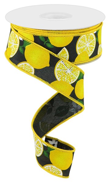 Black Yellow Green - Lemon with Leaves Flowers Ribbon - 1-1/2 Inch x 10 Yards