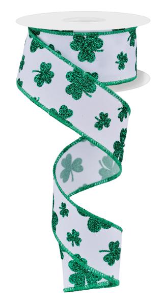 White Kelly Green -  St Patrick’s Day Glitter Shamrocks Ribbon - 1-1/2 Inch x 10 Yards