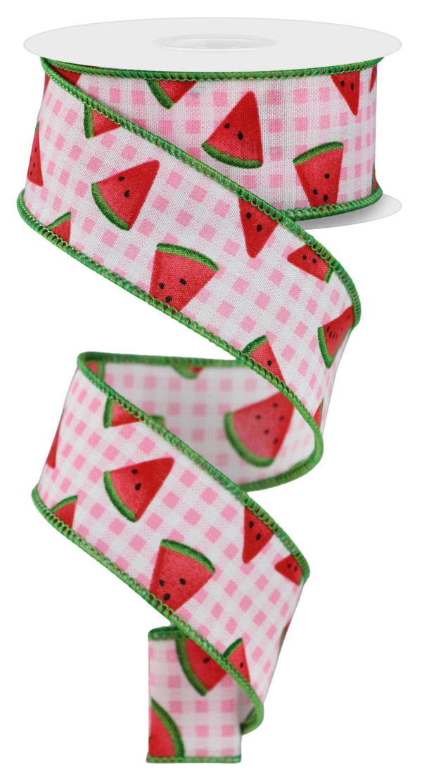 Pre-Order Now Ship On 16th May - White Light Pink Black Red Green - Watermelon Slice W/Gingham Ribbon - 1-1/2 Inch x 10 Yards