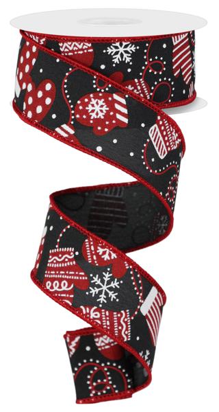 Black Red White - 1.5 Inch x 10 Yards Christmas Mittens Wired Edge Ribbon